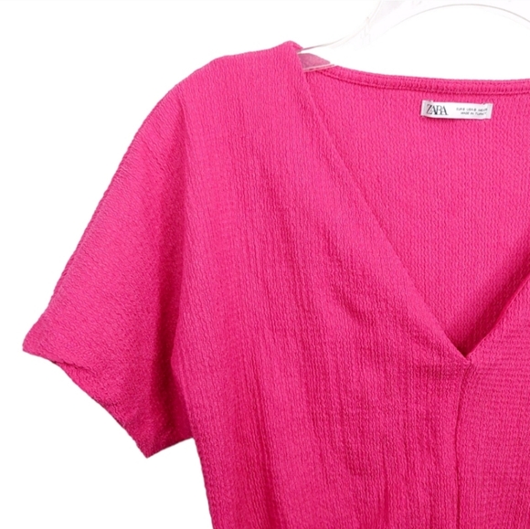 Zara Pink Short Sleeve Drawstring V Neck Relaxed Crop Top Women's Size Small S - Picture 7 of 11